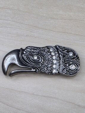 Vintage Silver Tone Rhinestone Eagle Head Belt Buckle - Western Biker Boho